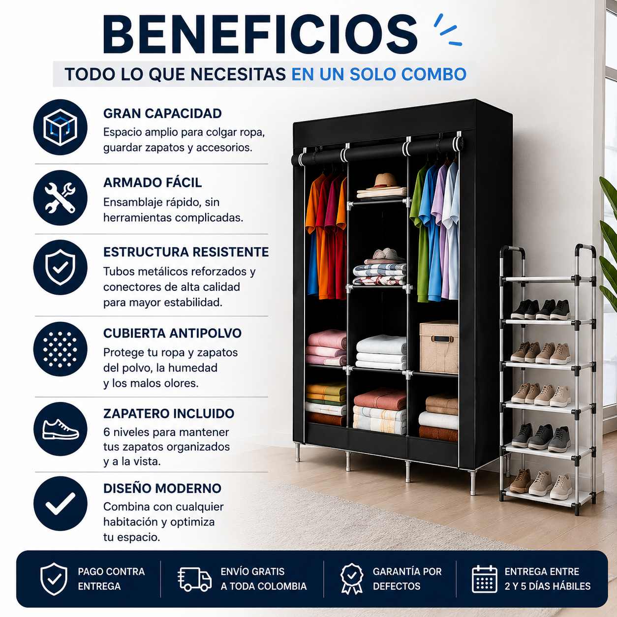 COMBO ORGANIZADOR 2 EN 1 | ARMARIO PORTATIL +ZAPATERO DE 6 NIVELES| ENVIO GRATIS